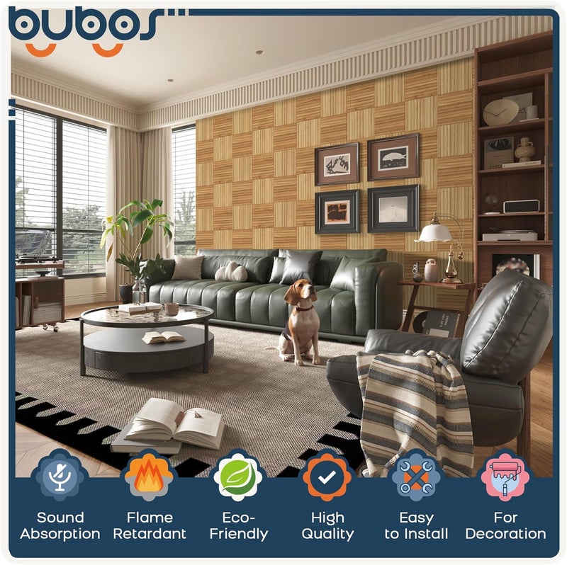 B Bubos Large Acoustic Panels,6 Pack Wood-Pattern Printing Soundproof Wall Panels, Total Size 70.8 x 47.2 Inches Self-Adhesive Decorative Sound Absorbing Panels for Studio, Home,Natural Grain​​ Weave - Image 3